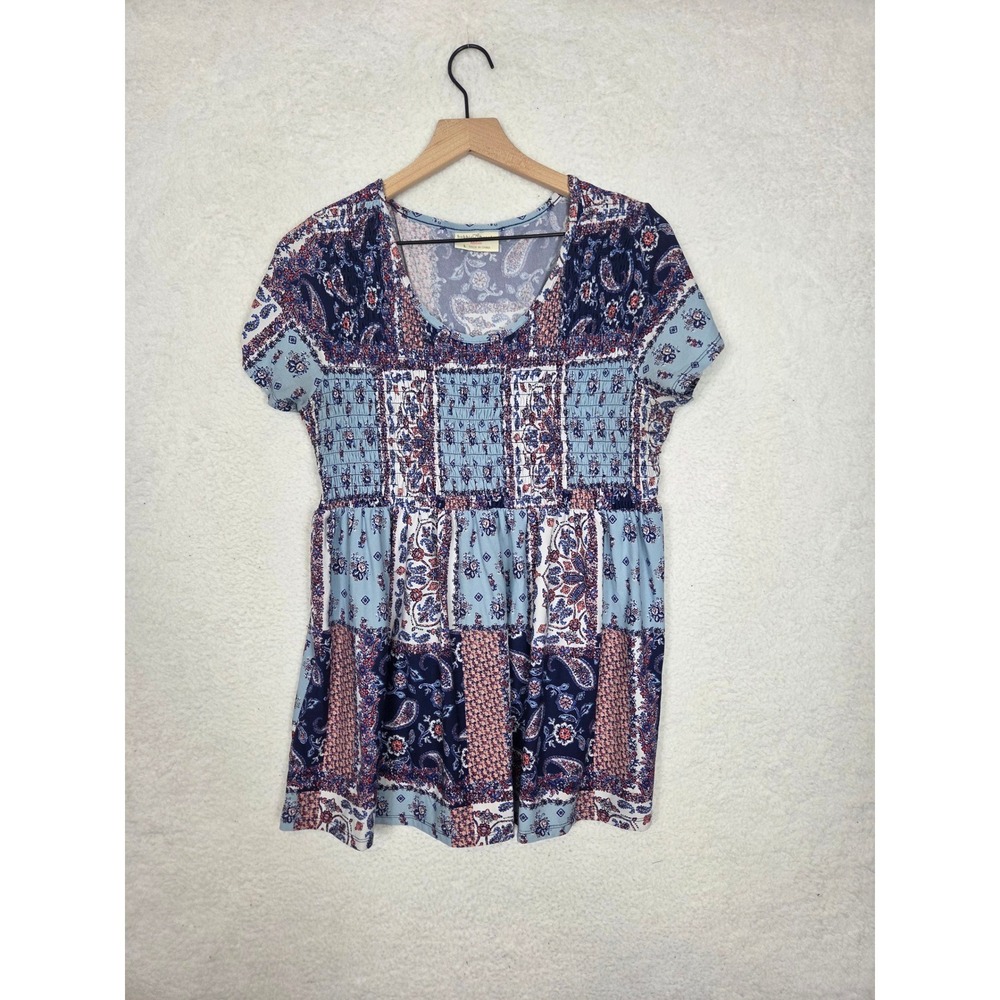Womens Blue Patchwork Paisley Smocked Babydoll Top L Boho Feminine Casual